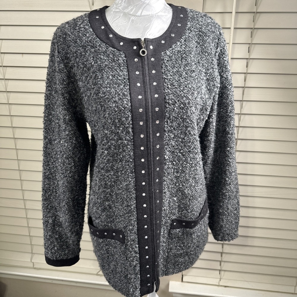Cathy Daniels Black Gray Tweed Boucle Cardigan Sweater Jacket Full Zip Medium‎